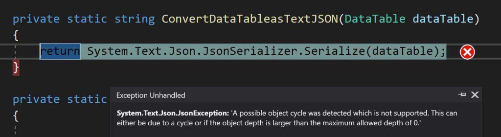 Resolving Dataset or DataTable conversion issue in TextJson