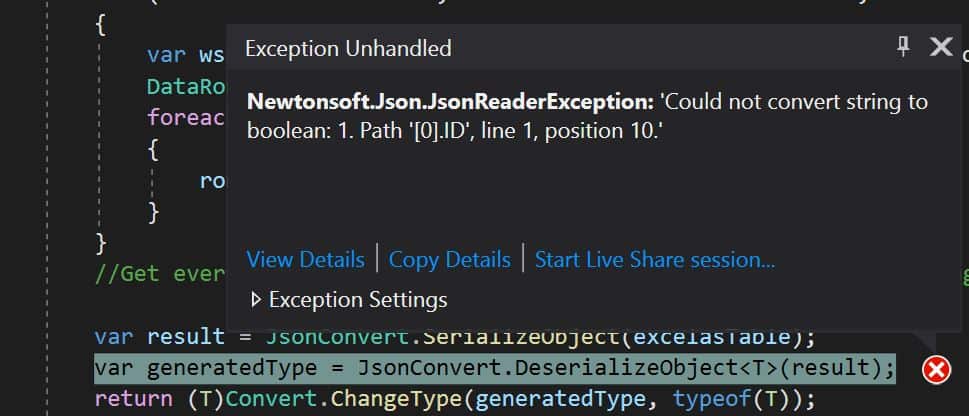 Newtonsoft.Json.JsonReaderException: 'Could not convert string to boolean