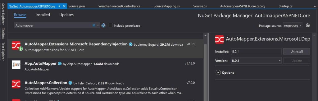 Nuget install AutoMapperExtensionsMicrosoftDependencyInjection Configure Automapper in ASPNET Core Getting started | TheCodeBuzz