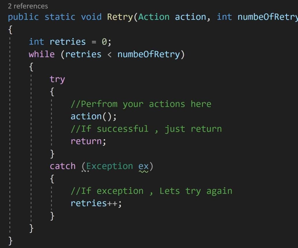 Implement Simple Retry pattern in C#, polly retry example c#, retry pattern in c#, retry in catch block c#, c# retry with timeout, c# retry task with delay, c# retry async task, how to retry api call in c#, c waitandretryasync,